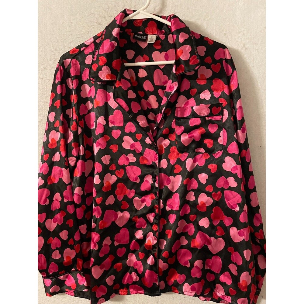 Frederick’s of Hollywood Satin Pajama Top Womens M Night Shirt Hearts Valentine